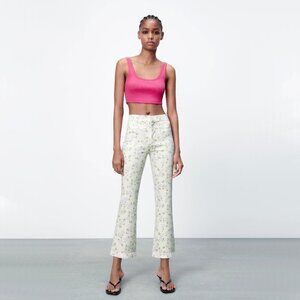 NWOT Zara cream off-white ecru floral print flare trouser pants, M